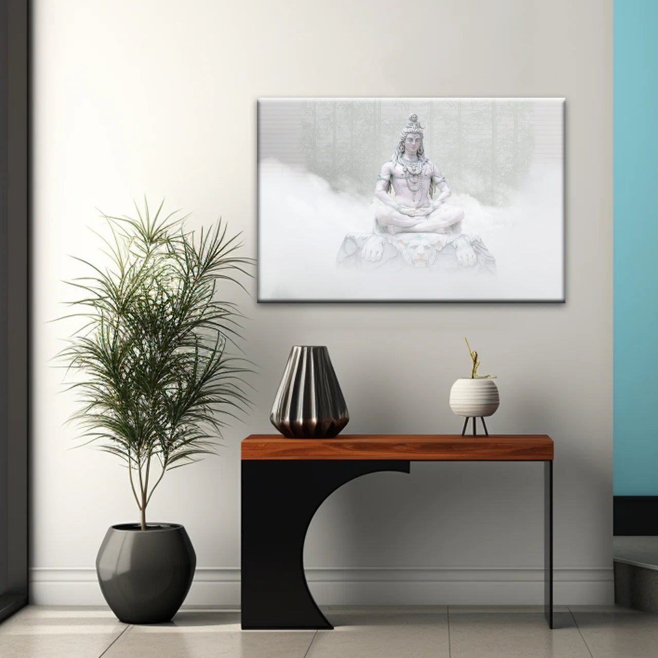 Hindu-Gottheit Shiva im Nebel, Statue, Hinduismus, Leinwandbild, Wandkunst