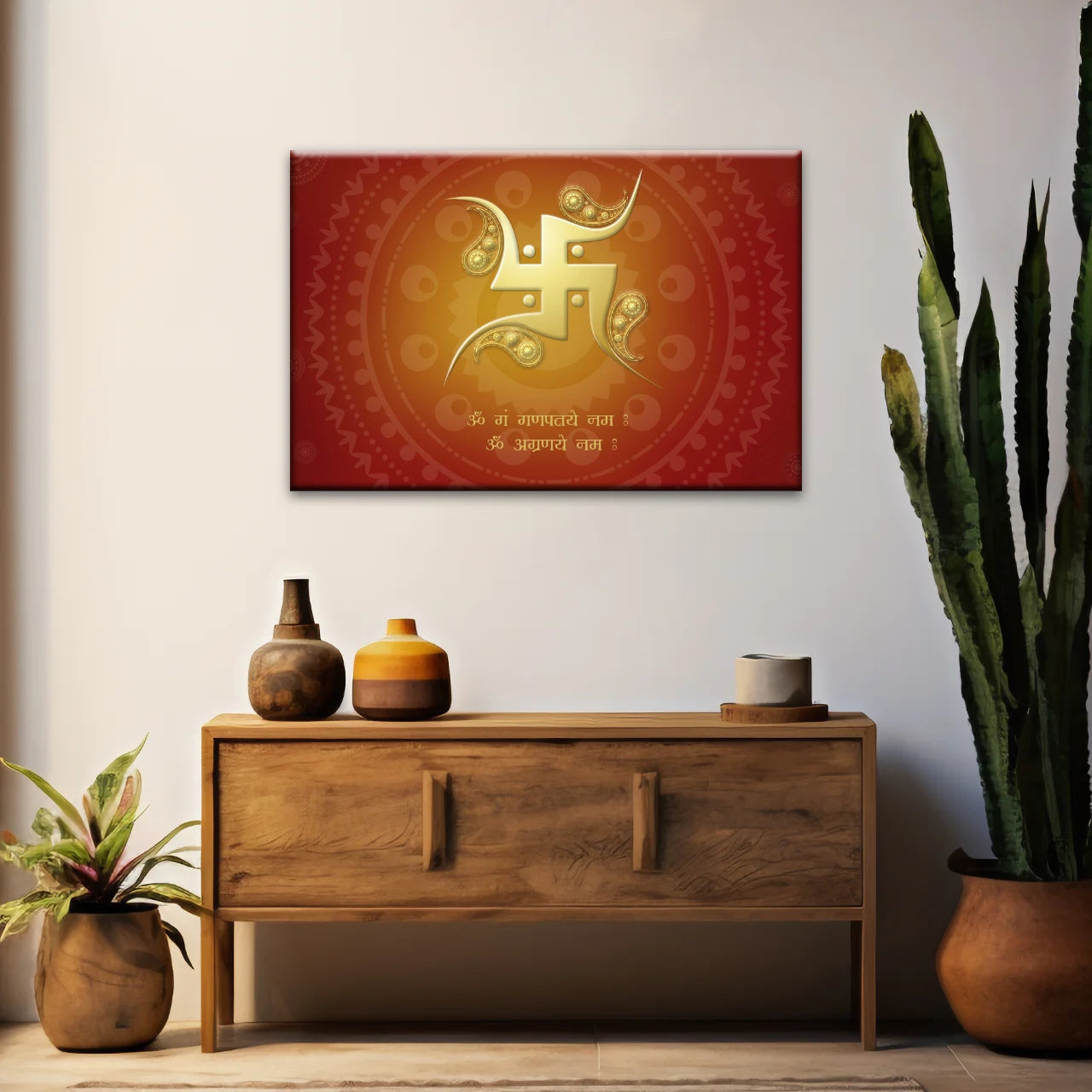 Hinduismus, rotes und gelbes Sanskrit-Swastika-Symbol, Hinduismus-Wandkunst-Dekor