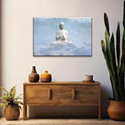 Shakyamuni Buddha Statue unter den schneebedeckten Bergen Buddha Leinwand Kunst