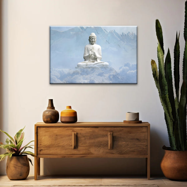 Shakyamuni Buddha Statue unter den schneebedeckten Bergen Buddha Leinwand Kunst