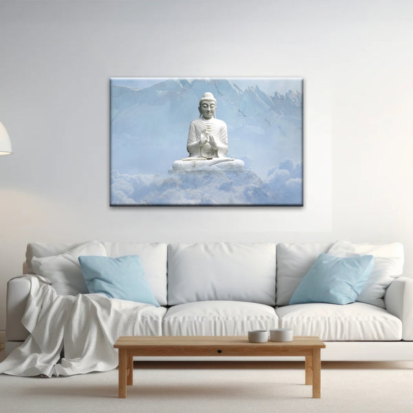 Shakyamuni Buddha Statue unter den schneebedeckten Bergen Buddha Leinwand Kunst