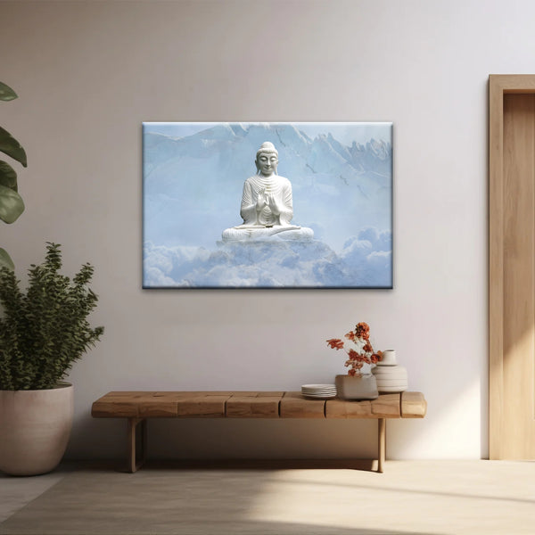 Shakyamuni Buddha Statue unter den schneebedeckten Bergen Buddha Leinwand Kunst