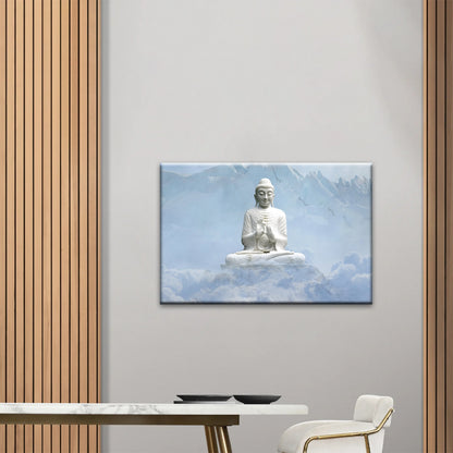 Shakyamuni Buddha Statue unter den schneebedeckten Bergen Buddha Leinwand Kunst