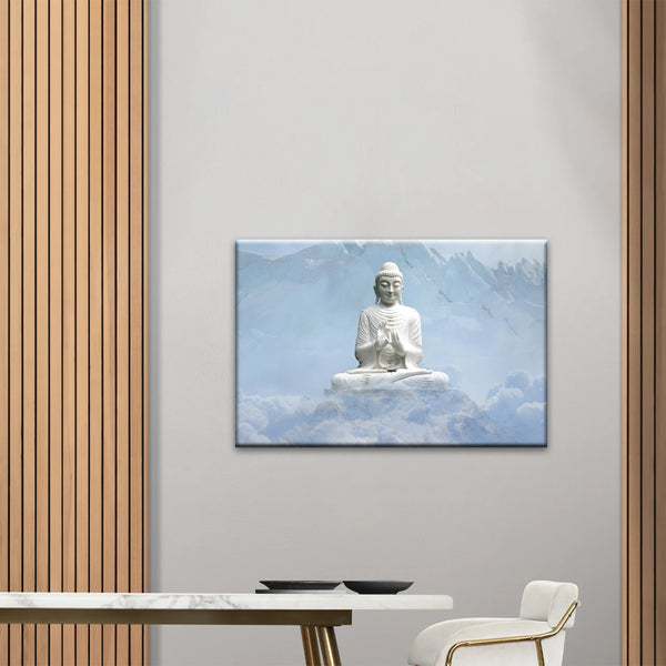 Shakyamuni Buddha Statue unter den schneebedeckten Bergen Buddha Leinwand Kunst