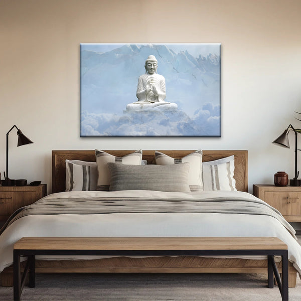 Shakyamuni Buddha Statue unter den schneebedeckten Bergen Buddha Leinwand Kunst