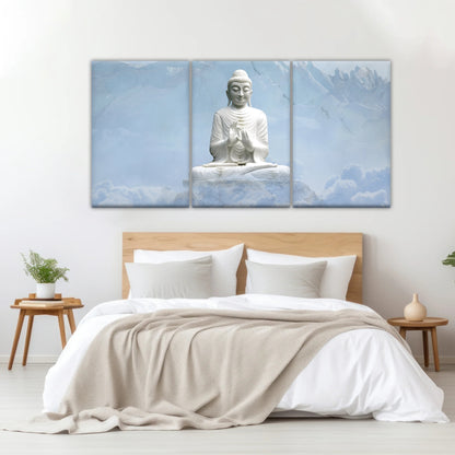 Shakyamuni Buddha Statue unter den schneebedeckten Bergen Buddha Leinwand Kunst