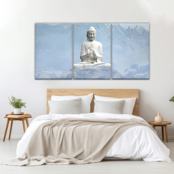 Shakyamuni Buddha Statue unter den schneebedeckten Bergen Buddha Leinwand Kunst