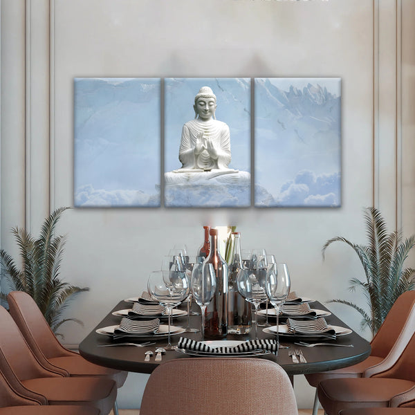Shakyamuni Buddha Statue unter den schneebedeckten Bergen Buddha Leinwand Kunst