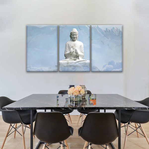 Shakyamuni Buddha Statue unter den schneebedeckten Bergen Buddha Leinwand Kunst