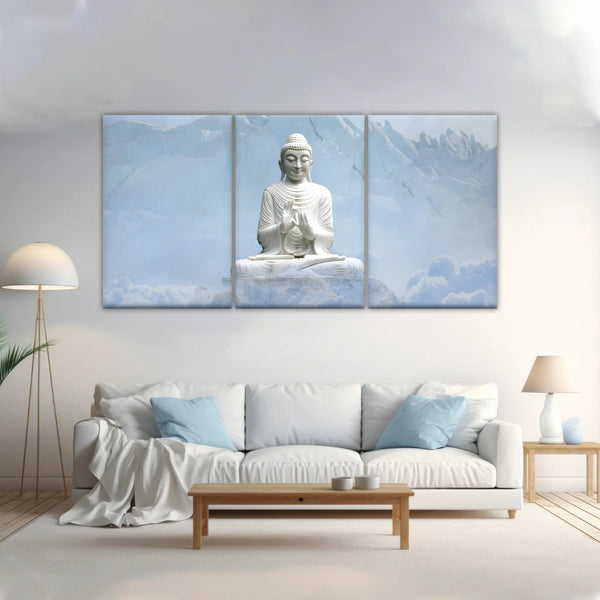 Shakyamuni Buddha Statue unter den schneebedeckten Bergen Buddha Leinwand Kunst