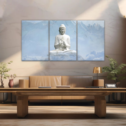 Shakyamuni Buddha Statue unter den schneebedeckten Bergen Buddha Leinwand Kunst
