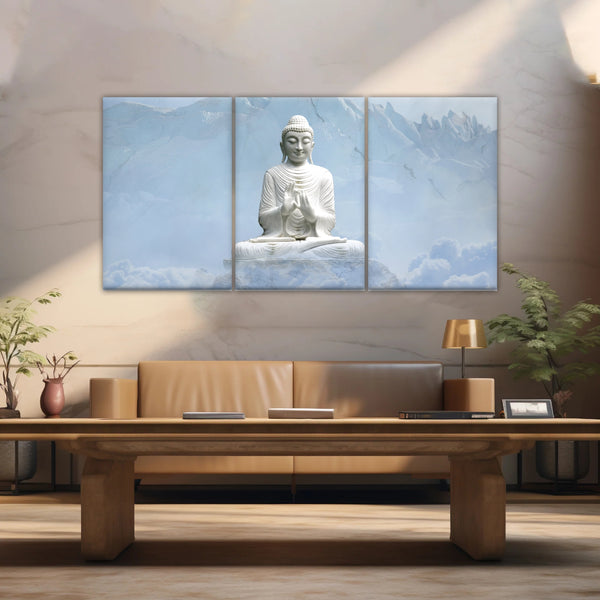 Shakyamuni Buddha Statue unter den schneebedeckten Bergen Buddha Leinwand Kunst