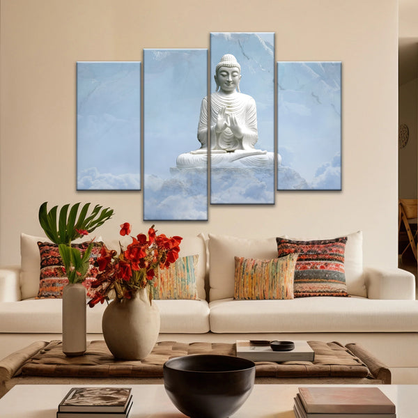 Shakyamuni Buddha Statue unter den schneebedeckten Bergen Buddha Leinwand Kunst