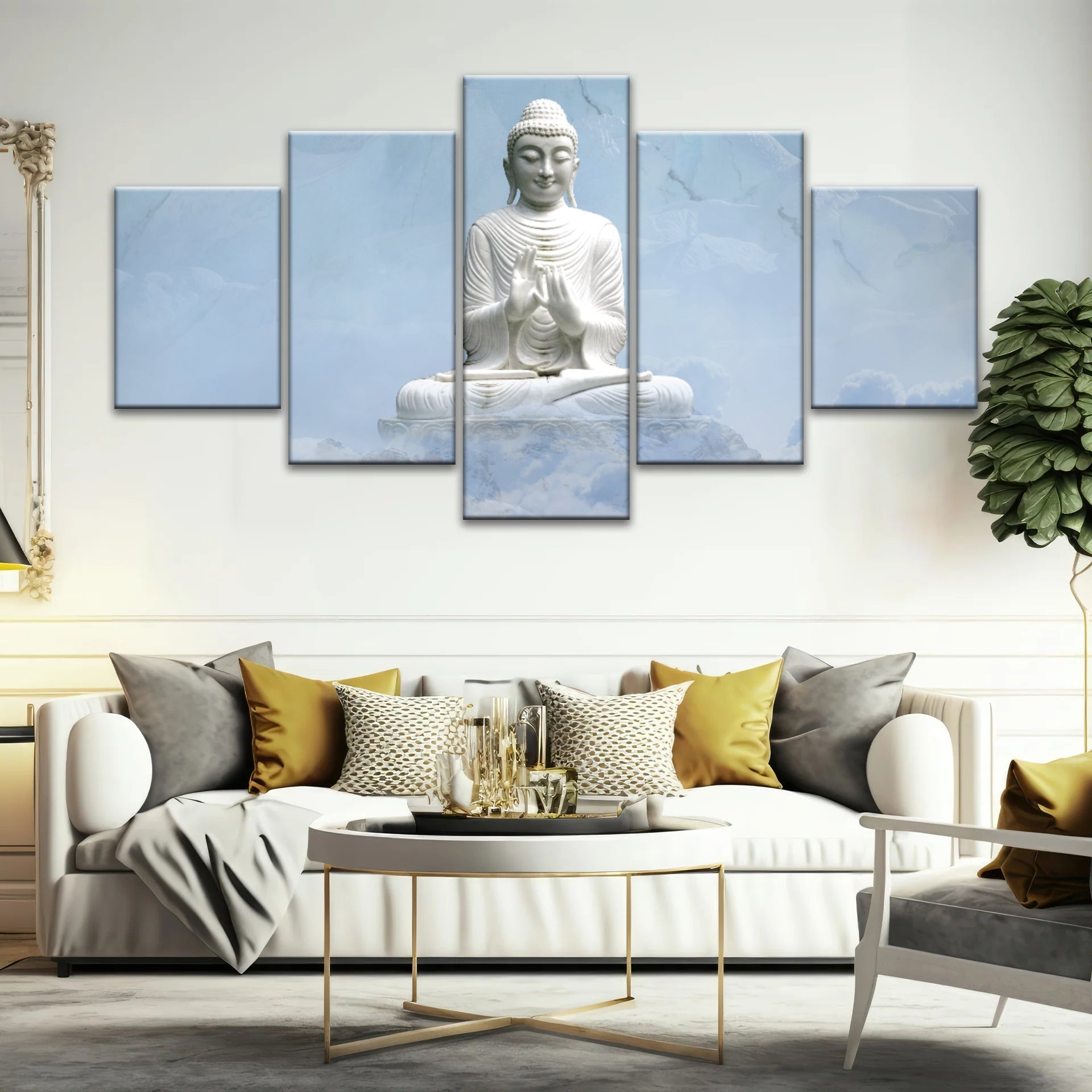 Shakyamuni Buddha Statue unter den schneebedeckten Bergen Buddha Leinwand Kunst