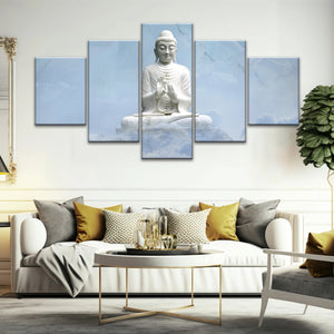 Shakyamuni Buddha Statue unter den schneebedeckten Bergen Buddha Leinwand Kunst
