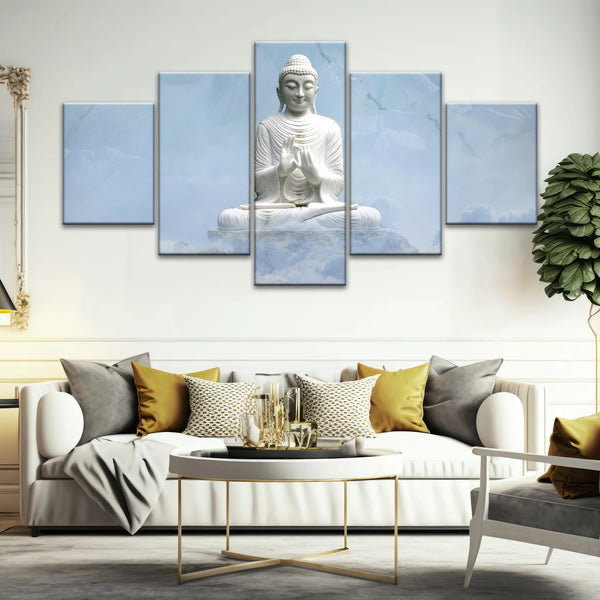Shakyamuni Buddha Statue unter den schneebedeckten Bergen Buddha Leinwand Kunst