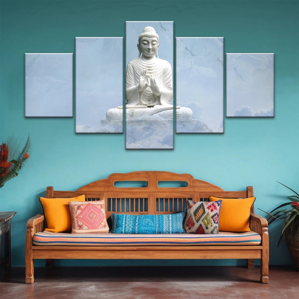 Shakyamuni Buddha Statue unter den schneebedeckten Bergen Buddha Leinwand Kunst